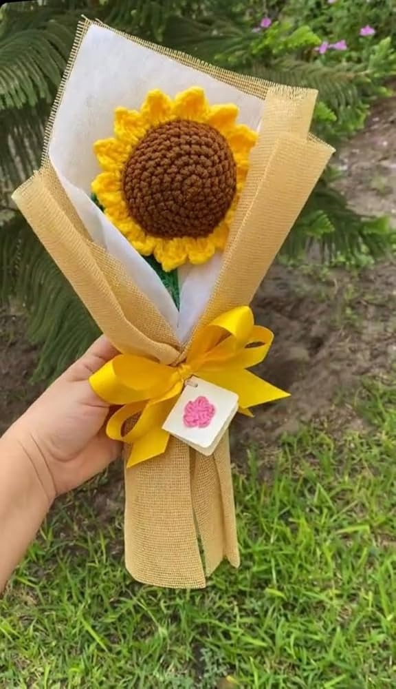 Handmade Crochet Sunflower – Single Stem Bouquet | Forever Flower Gift | Eco-Friendly Home Decor