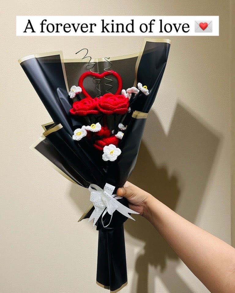 Handmade Crochet Red Rose, Heart & Lily Bouquet – Romantic Forever Gift | The Knitted Threads