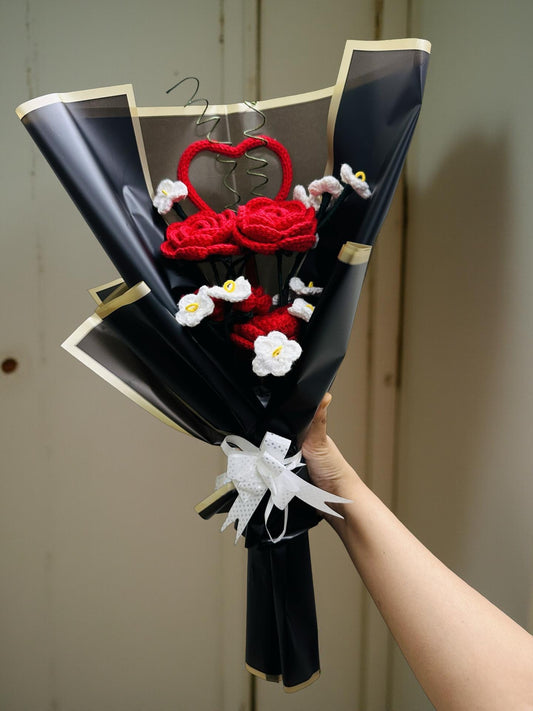 Handmade Crochet Red Rose, Heart & Lily Bouquet – Romantic Forever Gift | The Knitted Threads
