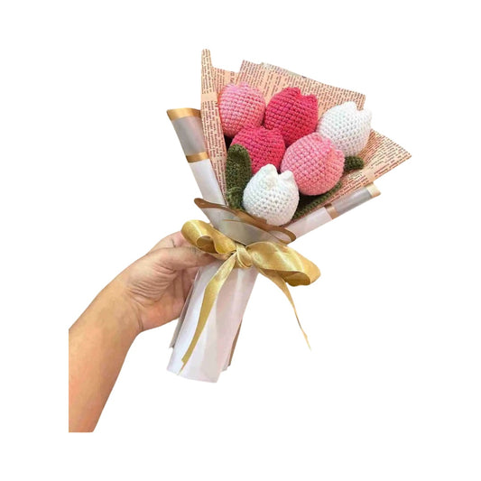 Handmade Crochet Tulip Bouquet – Pink & White Flowers | Custom Gifting & Home Decor | Long-Lasting Floral Gift